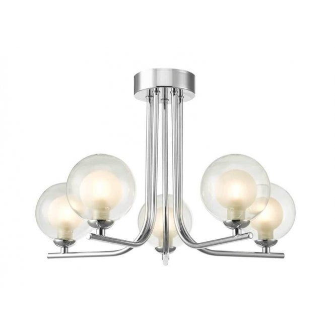  CRADLE 5 Light Semi Flush Fixture in Chrome with GL4 Opal Inner and Clear Glass Globe Shade