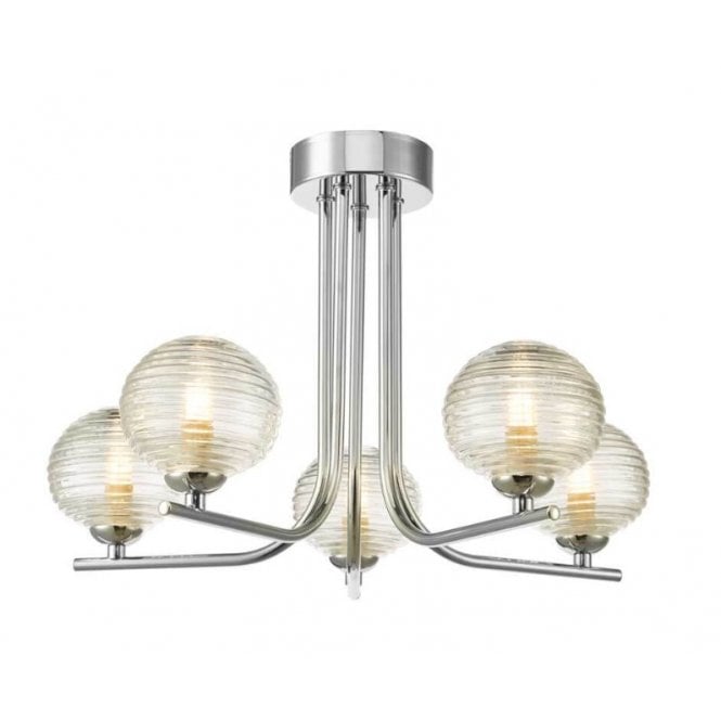  CRADLE 5 Light Semi Flush Fixture in Chrome with GL8 Ribbed Glass Globe Shade