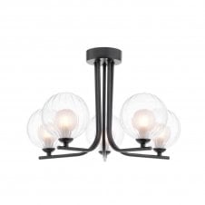 The Options Collection CRADLE 5 Light Semi Flush in Black with GL20 Opal & Clear Ribbed Glass Shade