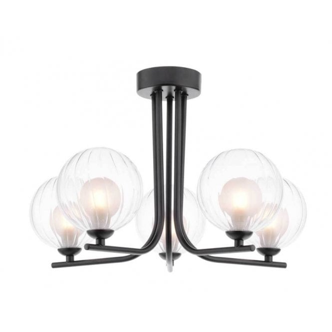  CRADLE 5 Light Semi Flush in Black with GL20 Opal & Clear Ribbed Glass Shade