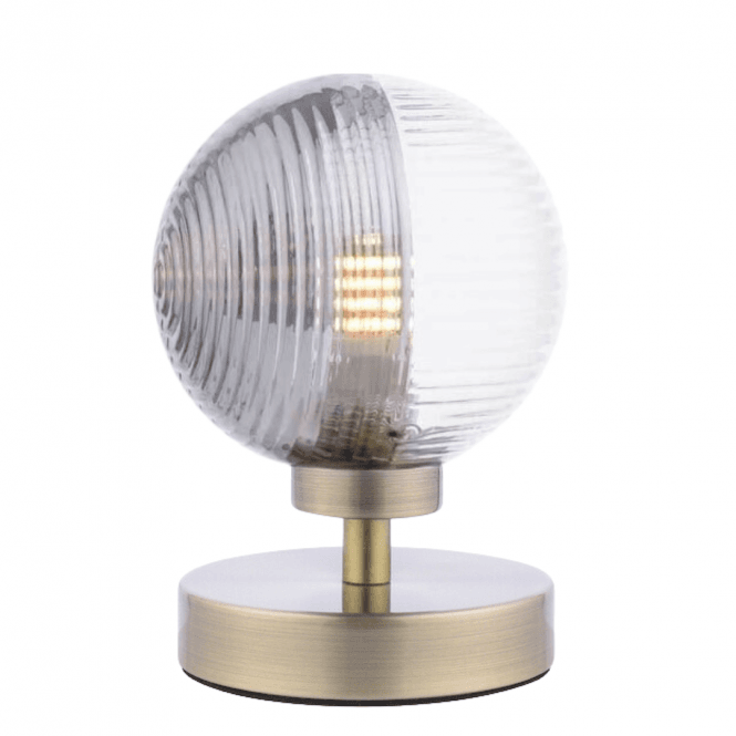  ESBEN Touch Table Lamp in Antique Brass with Smoke and Clear Ribbed Glass Globe Shade