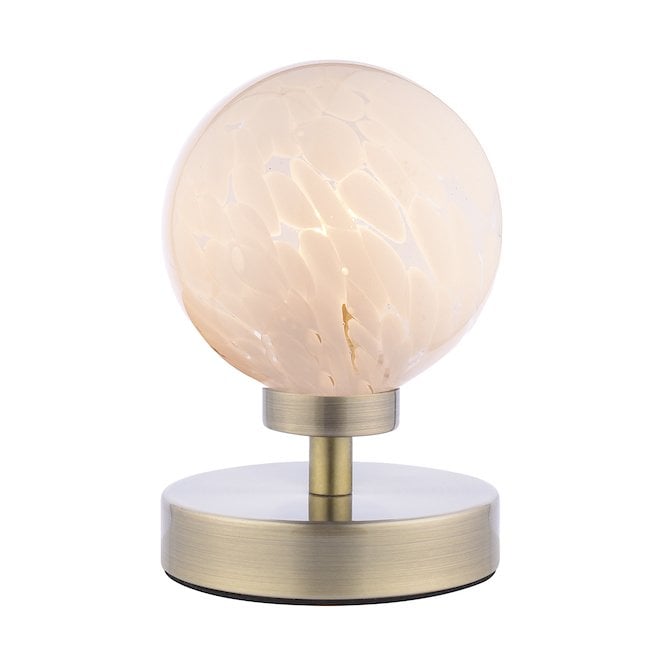  ESBEN Touch Table Lamp in Antique Brass with White Confetti Glass Globe Shades