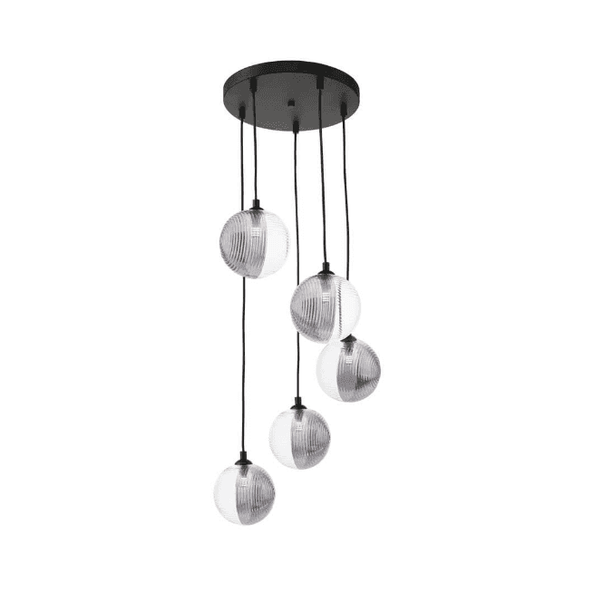  FEDERICO 5 Light Pendant Cluster | Black, Smoked & Clear Ribbed Glass
