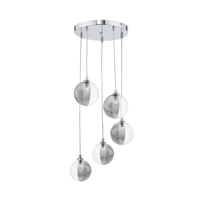  FEDERICO 5 Light Pendant Cluster | Chrome, Smoked & Clear Ribbed Glass (15cm)