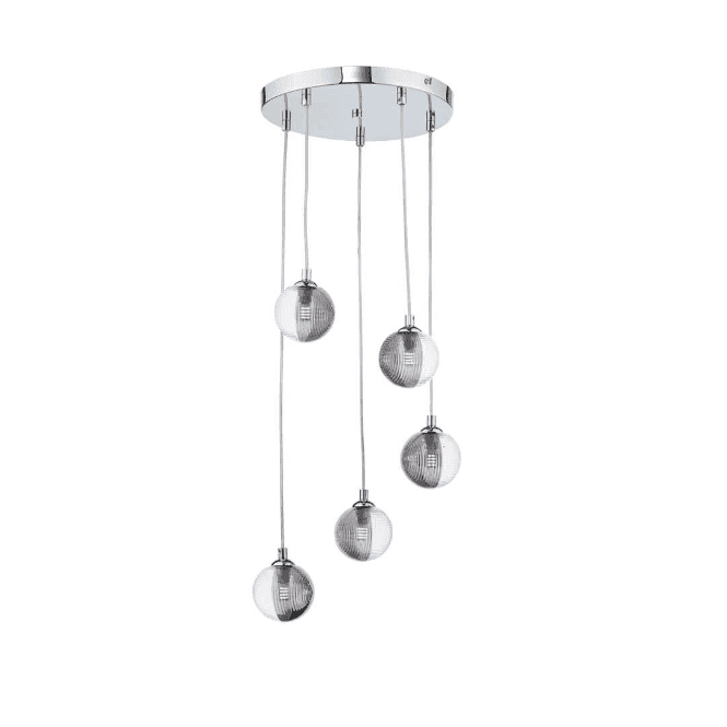 FEDERICO 5 Light Pendant Cluster | Chrome, Smoked & Clear Ribbed Glass