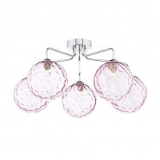The Options Collection FEYA Chrome 5 Light Semi Flush Ceiling Fixture with GL13 Pink Dimpled Glass Shade