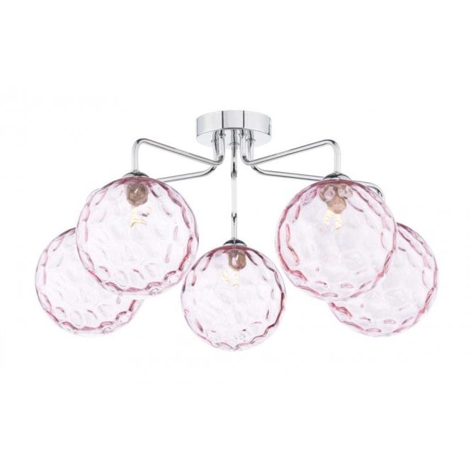  FEYA Chrome 5 Light Semi Flush Ceiling Fixture with GL13 Pink Dimpled Glass Shade
