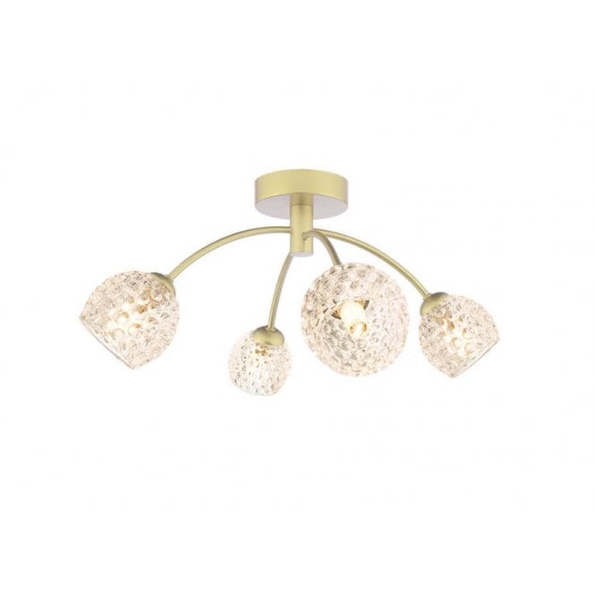  IZZY 4 Light Semi-Flush Matt Gold Fitting with Dimpled Open Glass Shades