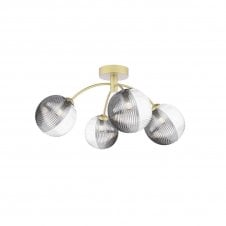 The Options Collection IZZY 4 Light Semi-Flush Matt Gold Fitting with Large Smoked and Clear Ribbed Glass Shades