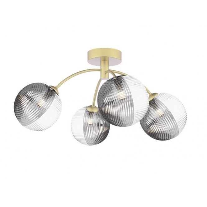  IZZY 4 Light Semi-Flush Matt Gold Fitting with Large Smoked and Clear Ribbed Glass Shades
