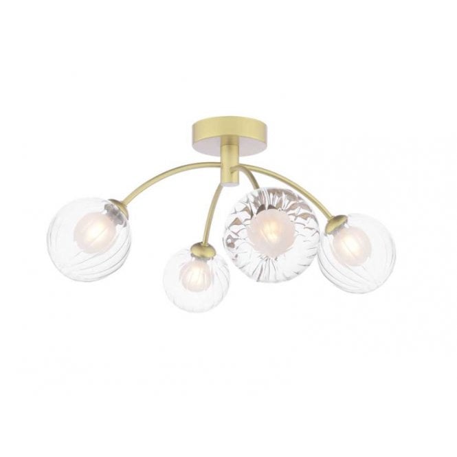 IZZY 4 Light Semi-Flush Matt Gold Fitting with Opal and Clear Ribbed Glass