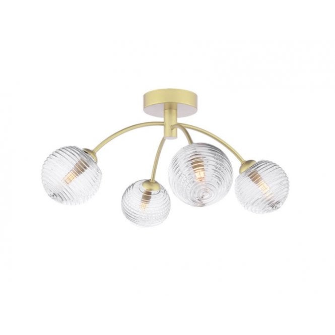  IZZY 4 Light Semi-Flush Matt Gold Fitting with Ribbed Glass Shades