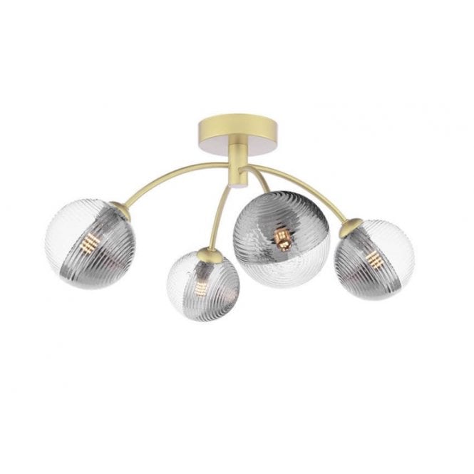  IZZY 4 Light Semi-Flush Matt Gold Fitting with Smoked and Clear Ribbed Glass Shades
