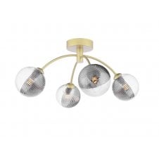 4 Light Semi-Flush Matt Gold Fitting with Smoked and Clear Ribbed Glass Shades