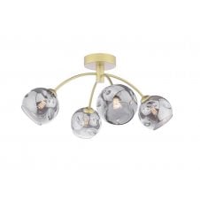 4 Light Semi-Flush Matt Gold Fitting with Smoked Organic Glass Shades