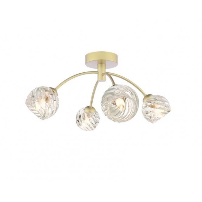  IZZY 4 Light Semi-Flush Matt Gold Fitting with Twisted Open Glass Shades