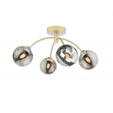4 Light Semi-Flush Matt Gold with Smoked Glass Shades