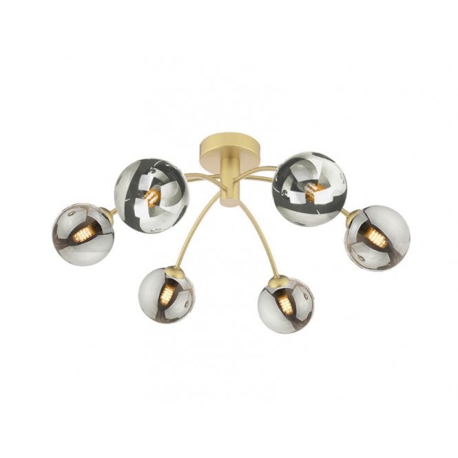 IZZY 6 Light Semi-Flush Matt Gold Fitting with Smoked Glass Shades