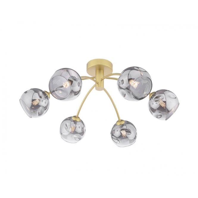 IZZY 6 Light Semi-Flush Matt Gold Fitting with Smoked Organic Glass Shades
