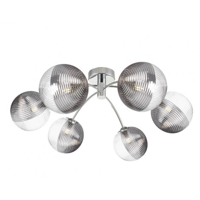  IZZY Polished Chrome Semi Flush Ceiling Light with Large Smoked and Clear Ribbed Glass Shades