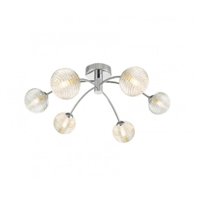  IZZY Polished Chrome Semi Flush Ceiling Light with Ribbed Glass Globe Shades