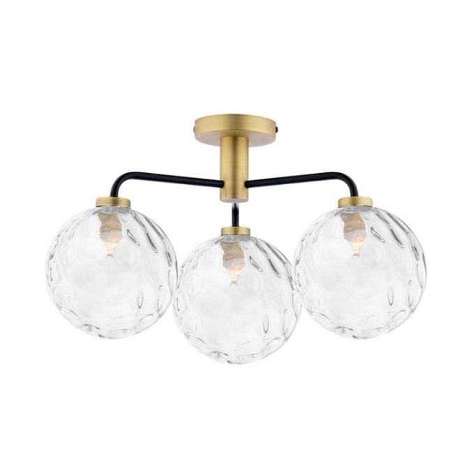  LAINEY 3 Light Semi-Flush | Matt Black, Antique Brass & Clear Dimpled Glass