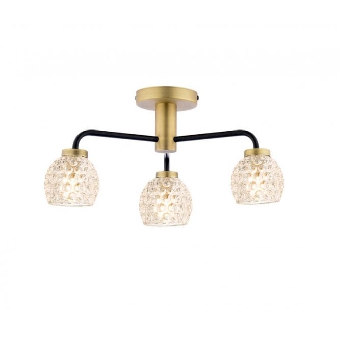  LAINEY 3 Light Semi-Flush | Matt Black, Antique Brass & Dimpled Glass