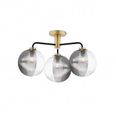 The Options Collection LAINEY 3 Light Semi-Flush | Matt Black, Antique Brass, Smoked & Clear Ribbed Glass (15cm)