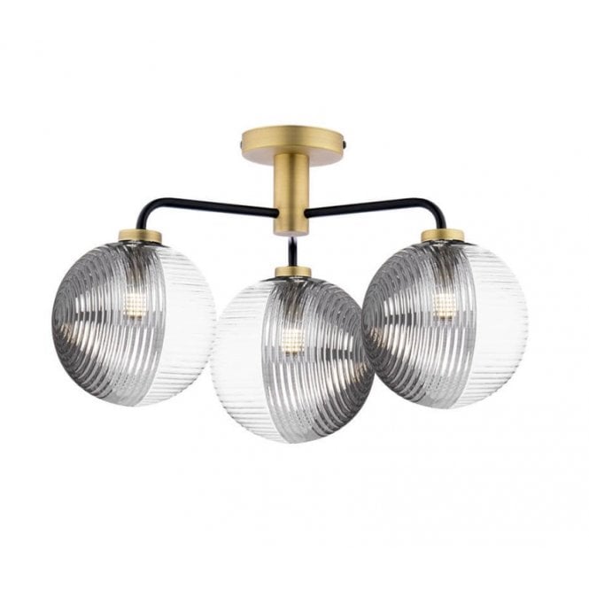  LAINEY 3 Light Semi-Flush | Matt Black, Antique Brass, Smoked & Clear Ribbed Glass (15cm)
