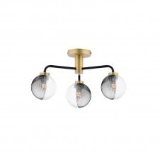 The Options Collection LAINEY 3 Light Semi-Flush | Matt Black, Antique Brass, Smoked & Clear Ribbed Glass