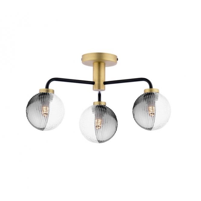  LAINEY 3 Light Semi-Flush | Matt Black, Antique Brass, Smoked & Clear Ribbed Glass