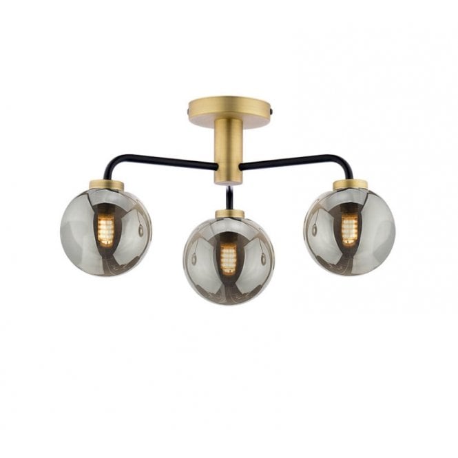  LAINEY 3 Light Semi-Flush | Matt Black, Antique Brass & Smoked Glass Shade