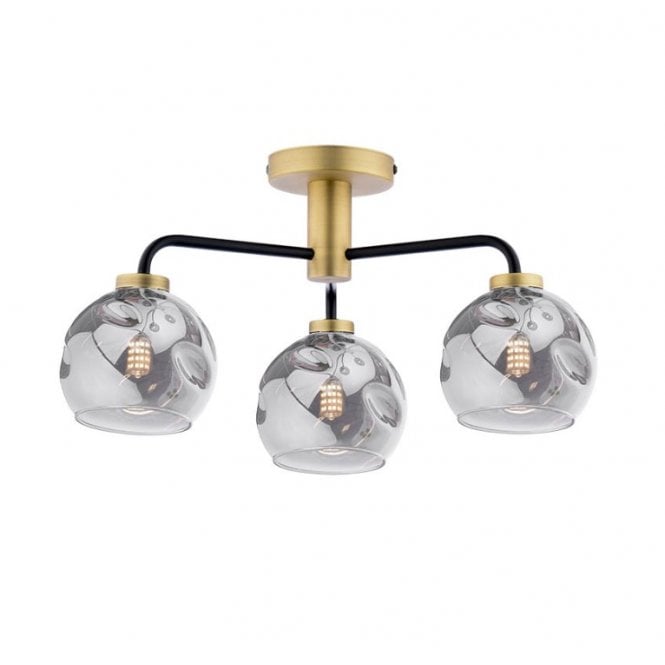  LAINEY 3 Light Semi-Flush | Matt Black, Antique Brass & Smoked Organic Glass