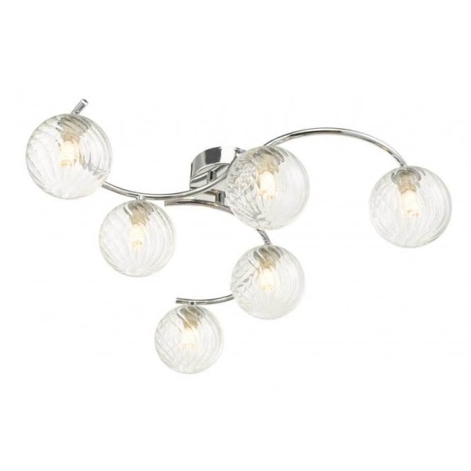  NAKITA 6 Light Semi Flush Ceiling in Chrome with GL3 Twisted Glass Globe Shade