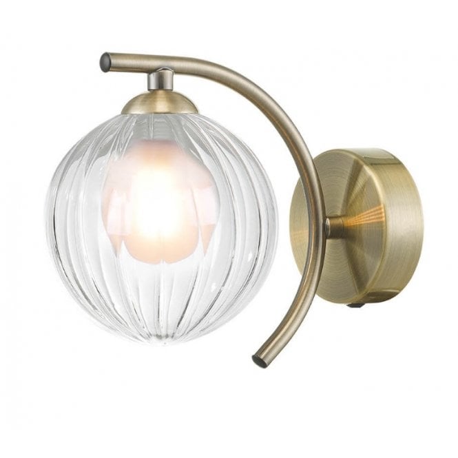  NAKITA Curved Wall Light in Antique Brass with GL20 Opal & Clear Ribbed Glass Shade