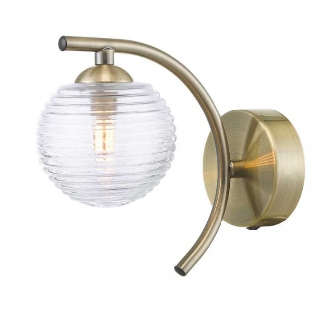  NAKITA Curved Wall Light in Antique Brass with GL8 Ribbed Glass Globe Shade