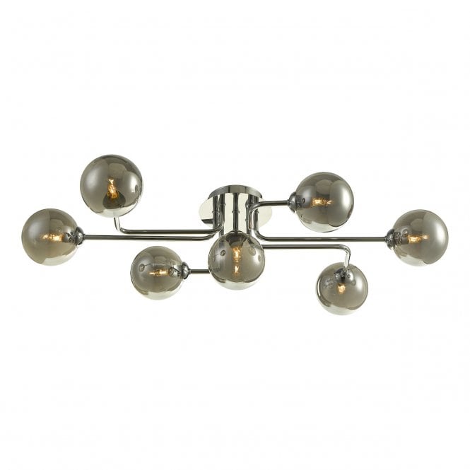  REYNA 7 Light Semi Flush Ceiling Light in Chrome with GL1 Smoked Glass Globe Shade