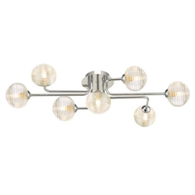  REYNA 7 Light Semi Flush Ceiling Light in Chrome with GL8 Ribbed Glass Globe Shade
