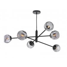 6 Light Pendant Matt Black Fitting with Smoked Organic Glass Shades