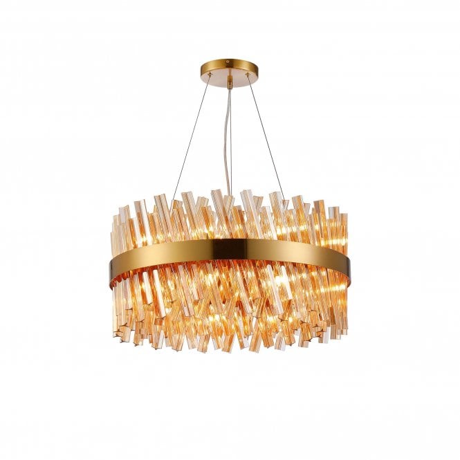 TIARA 18 Light G9 | Pendant Round | Brass and Amber Tinted Glass
