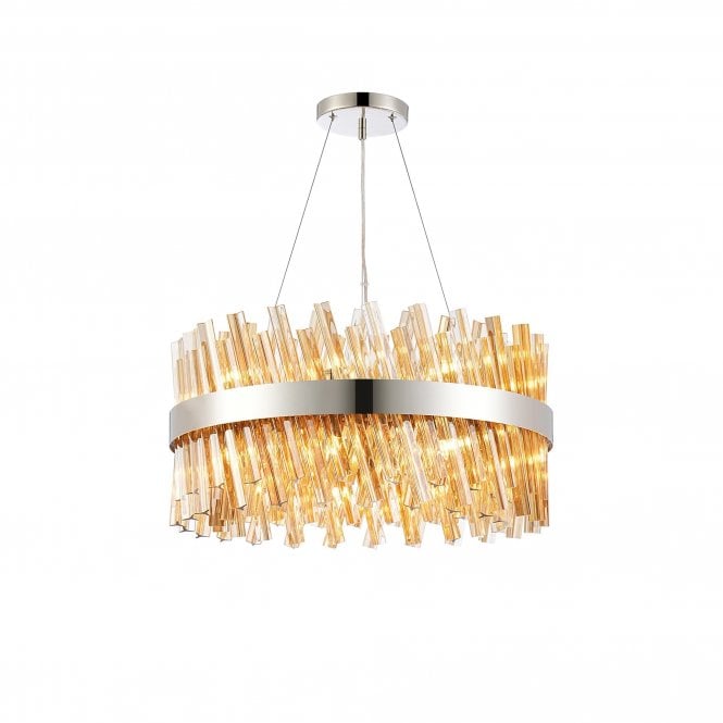 TIARA 18 Light G9 | Pendant Round | Polished Nickel and Amber Glass