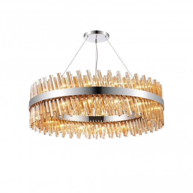 TIARA 32 Light G9 | Pendant Round | Polished Nickel and Amber Tinted Glass