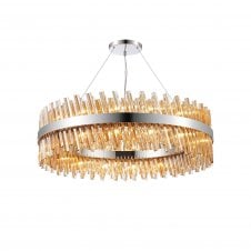 TIARA 32 Light G9 | Pendant Round | Polished Nickel and Amber Tinted Glass
