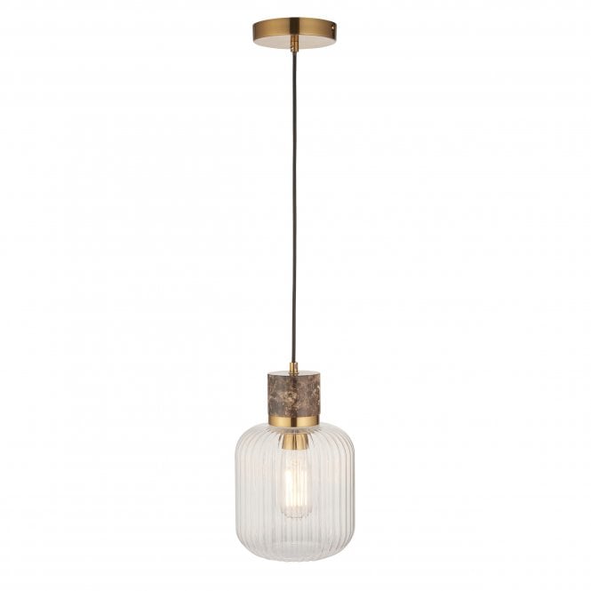 Tivoli Pendant in Dark Brown Emperador Marble with Ribbed Glass Shade