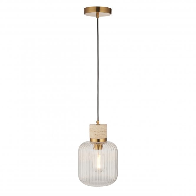 Tivoli Pendant in Natural Travertine Stone with Ribbed Glass Shade