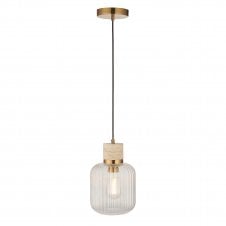 contemporary ceiling pendant with travertine stone and brass with ribbed glass shade