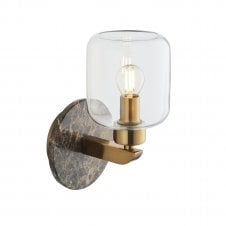 modern brass and brown marble wall light with clear glass shade