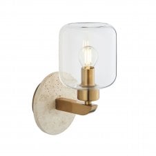 modern brass and natural travertine stone wall light with clear glass shade