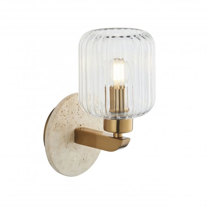 Tivoli Wall Light in Natural Travertine Stone with Ribbed Glass Shade