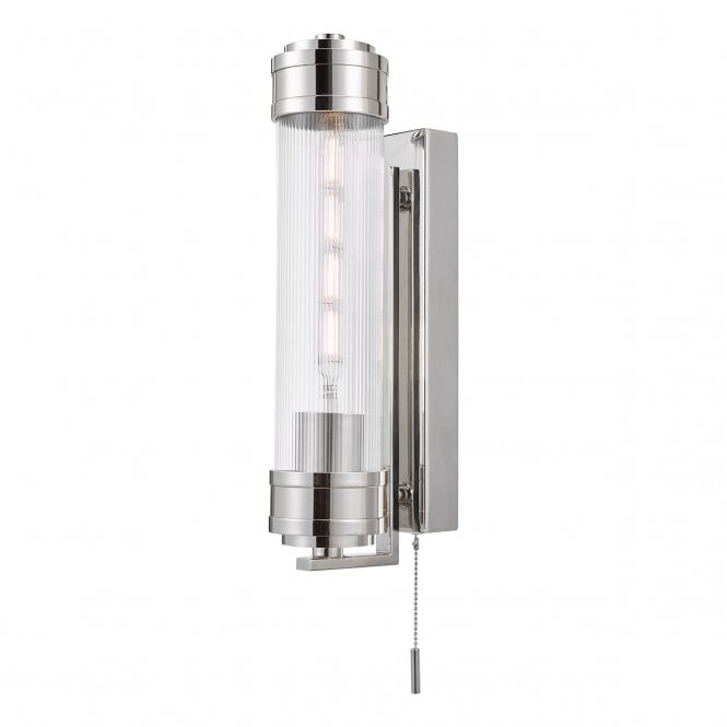 Tommaso IP44 Bathroom Wall Light in Polished Nickel with Ribbed Glass